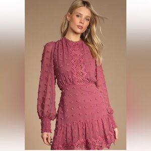 Lulu's Dusty Rose Long Sleeve Lace Trim Mini Dress